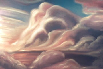 Painting cloudy sky in chalk pastel with sunbeams, blue, pink, purple color clouds, landscape view.