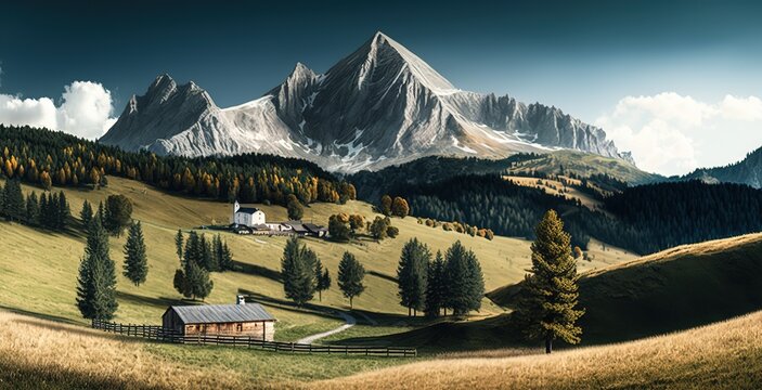 Landscape photo of plattkofel mountain and wide pasture in compatsch italy Generative AI