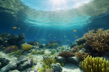 3d underwater shot and texture of coral reef, fish, sea, in the style of interactive exhibits - Generative AI