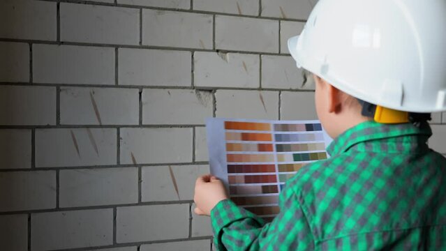 A male child of 5 years old is standing in a room with repairs in a construction helmet and holding a color pallet in his hands, choosing a color for the walls in his future room. High quality 4k