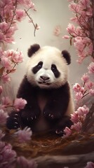 Bébé panda appréciant le printemps, fond de printemps