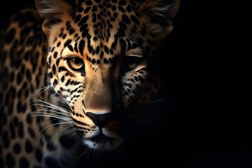 Fototapeta na wymiar Close up portrait of leopard with intense eyes - Generative AI