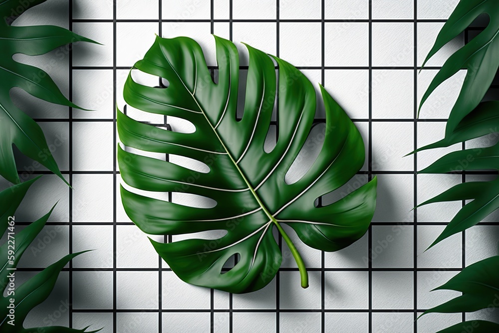 Poster monstera leaf frame on grid paper background generative ai