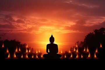Fototapeta na wymiar Jour Magha Asanha Visakha Puja. Silhouette de Bouddha sur fond de coucher de soleil flou