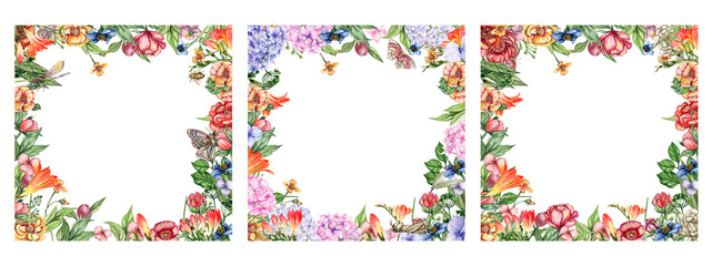 Watercolor hand drawn spring garden full of flowers square frame set. Watercolor illustration for scrapbooking.Cartoon hand drawn background with flower for kids design.Perfect for wedding invitation.