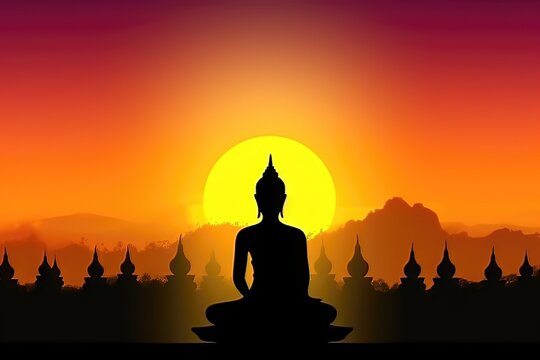 Jour Magha Asanha Visakha Puja. Silhouette de Bouddha sur fond de coucher de soleil flou