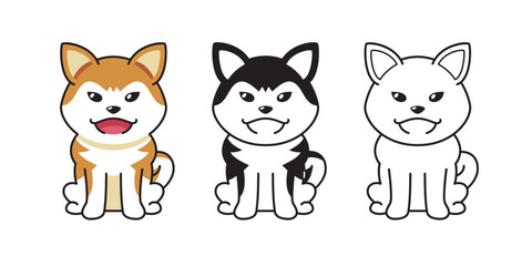 Vector cartoon set of akita inu dog for design.
