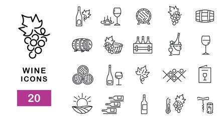 Simple Set of 20 Wine Icons. Vector Line Icons.  Wine barrel , wineglass, grape leaves icons. Design signs for banner,  web page, mobile app, restaurant. Vector illustration - obrazy, fototapety, plakaty