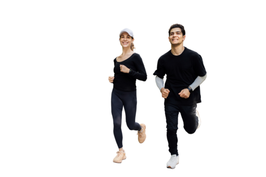 Two people are athletic, A man and a woman jogging fitness fast, friends in sportswear and sneakers in full height, Front view, transparent background.