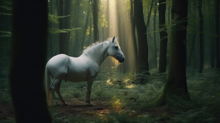 Obraz na płótnie Canvas Single gray horse standing between big trees in the middle of a beautiful forest as a mystical scene. Generative AI.