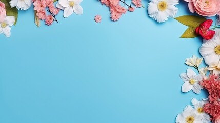 Cadre de fleur de printemps photo très détaillée sur fond bleu copie espace mise à plat maquette