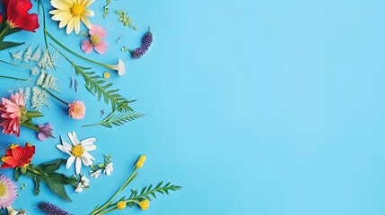 Fototapeta na wymiar Cadre de fleur de printemps photo très détaillée sur fond bleu copie espace mise à plat maquette