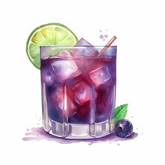 watercolor purple blueberry drink with lime slice garnish isolated on white background, made with generative ai