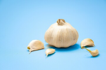 Closeup shot of a garlic on the blue background