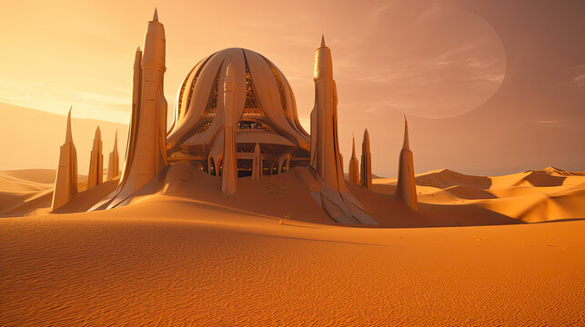 alien building in the desert. Generative AI image.