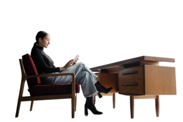 Female freelancer works at a desk using a laptop workplace in the office, transparent background, isolated.