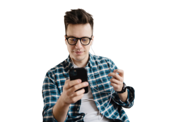 The student uses the phone of a man in a plaid shirt, transparent background, isolated.