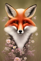 Beautiful fox with floral decor. Colorful wildlife portrait. Poster for spring holidays, generative AI.