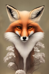 Obraz premium Beautiful fox with floral decor. Colorful wildlife portrait. Poster for spring holidays, generative AI.
