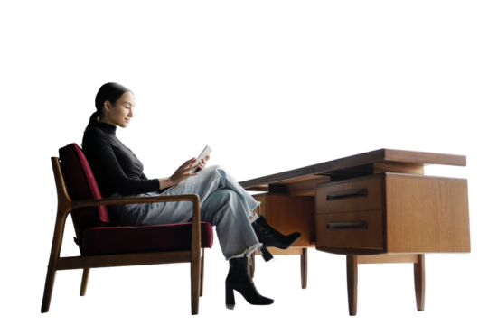 Female freelancer works at a desk using a laptop workplace in the office, transparent background, isolated.