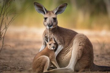 Naklejka na ściany i meble Cute kangaroo cub in its mother's pouch