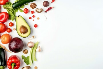 Healthy food on the white background isolated with copy space. Fruit, vegetable, seeds, superfood, leaf vegetable. Healthy eating concept. Generative AI