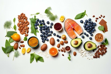 Healthy food on the white background isolated with copy space. Fruit, vegetable, salmon, seeds, superfood, leaf vegetable. Healthy eating concept. Generative AI
