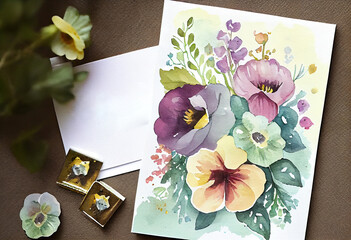 Mother's day greeting card. Spring flowers watercolour drawing on greeting card. Digitally generated AI image