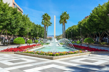 Peaceful fountain of Rambla street in Almeria, Spain on March 19, 2023
