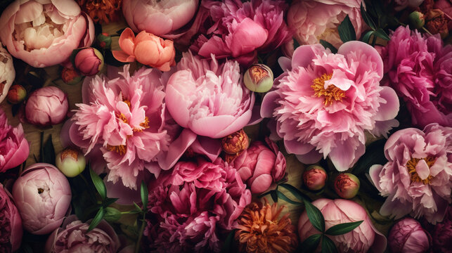Pink peonies flat lay wallpaper. AI
