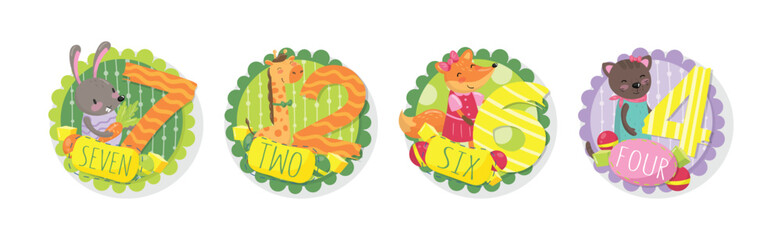 Kids Anniversary Numbers Round Sticker with Animal Vector Set