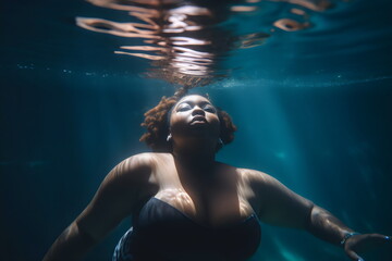 curvy poc woman underwater with sunlight, made with generative ai	
