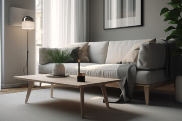 modern clean living room and simple living room interior with sofa , Generative AI	