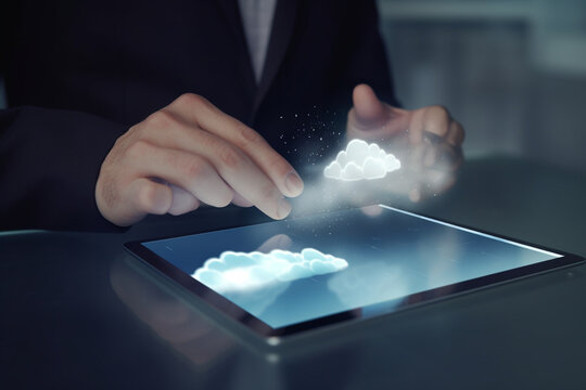 Cloud computing concept with businessman's hand and tablet, Generative AI	