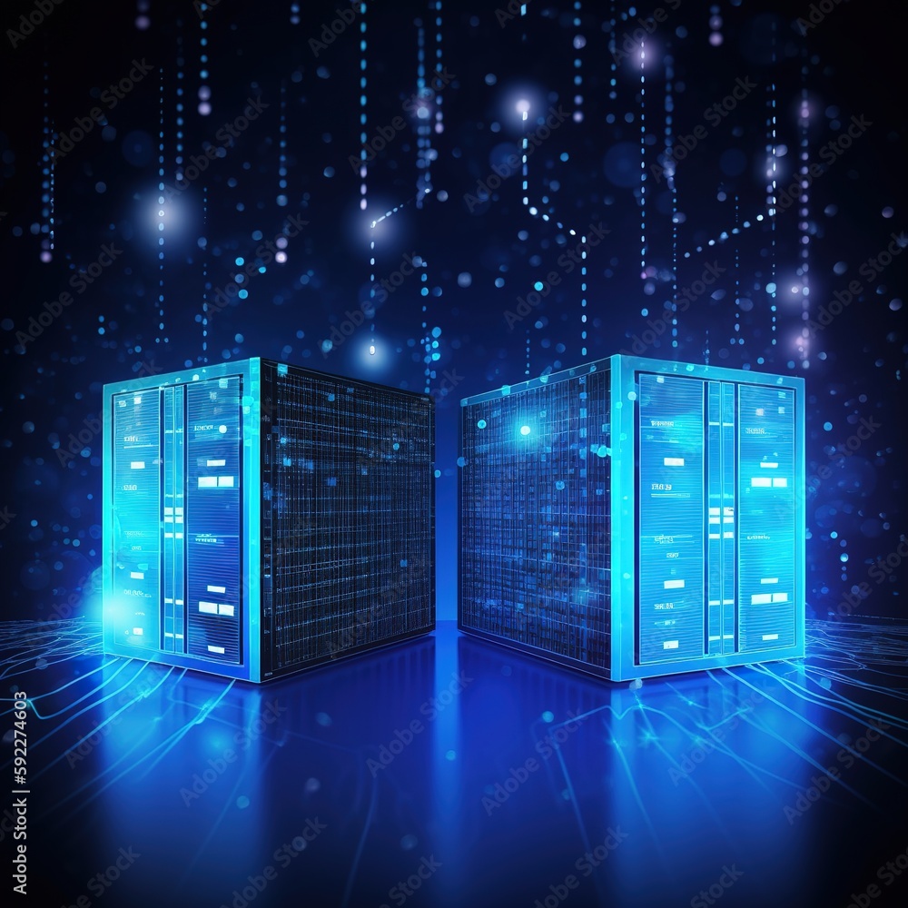 Poster network server, data center interior, server racks housing telecom gear, and network and internet co