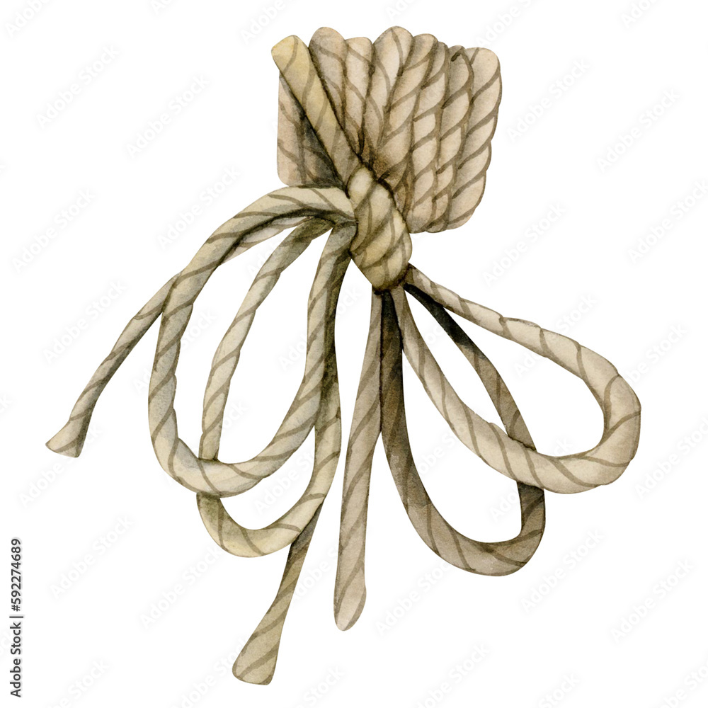 Wall mural Watercolor jute rope with bow knot. Hand drawn cord clipart illustration isolated on white background. For bouquet bandaging, rustic and nautical decorations