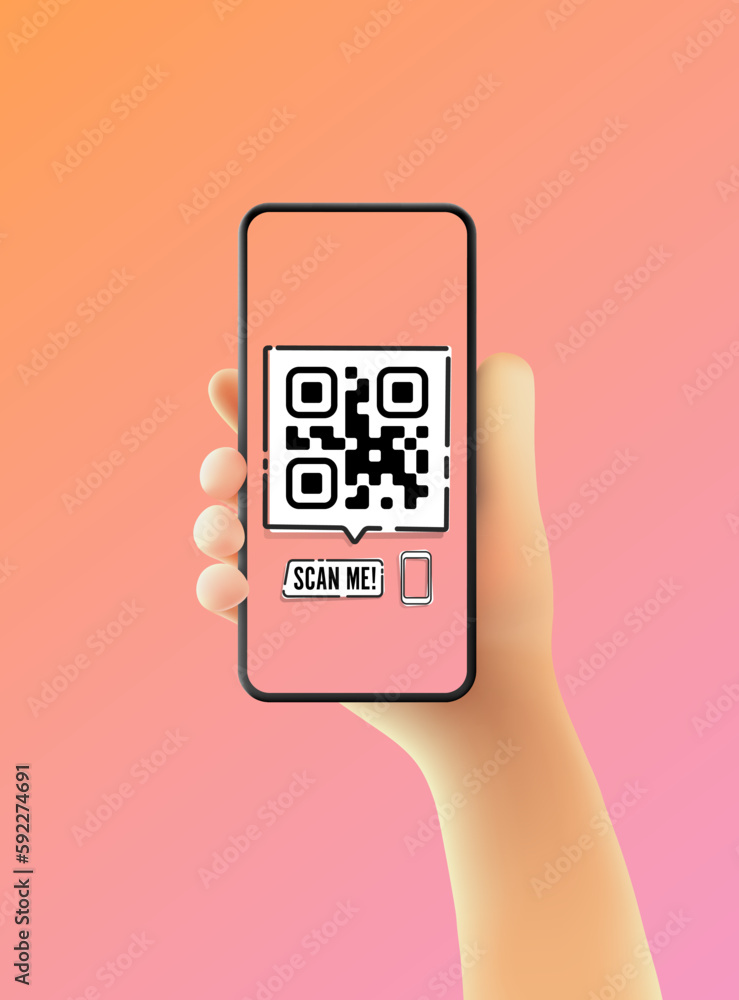 Poster a vector cartoon hand is holding a black smartphone with a qr code and 