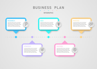 Modern infographic business planning for success Multi colored squares, buttons and icons centered gray dotted lines with colored circles. gray gradient background design for marketing,financial