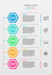 5 years timeline infographic vertical. multi colored hexagon numbers. Left line and point, right icon, design for business, marketing, finance, investment, product.