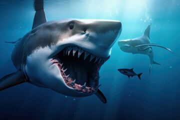 A tropical and beautiful scene of a shark swimming with its jaws open in the clear blue water of the ocean. AI Generative.