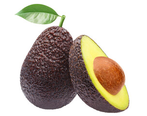 Delicious avocado fruits with leaves, cut out