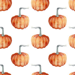 Seamless pattern of orange pumpkins on a white background. All elements are hand painted in watercolor. Suitable for printing on fabric, invitations, postcards and for decoration.