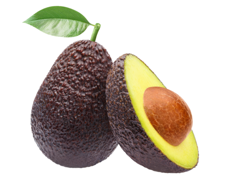 Delicious avocado fruits with leaves, cut out
