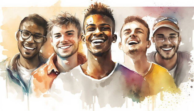 group of diverse young men in watercolor isolated on cream, made with generative ai