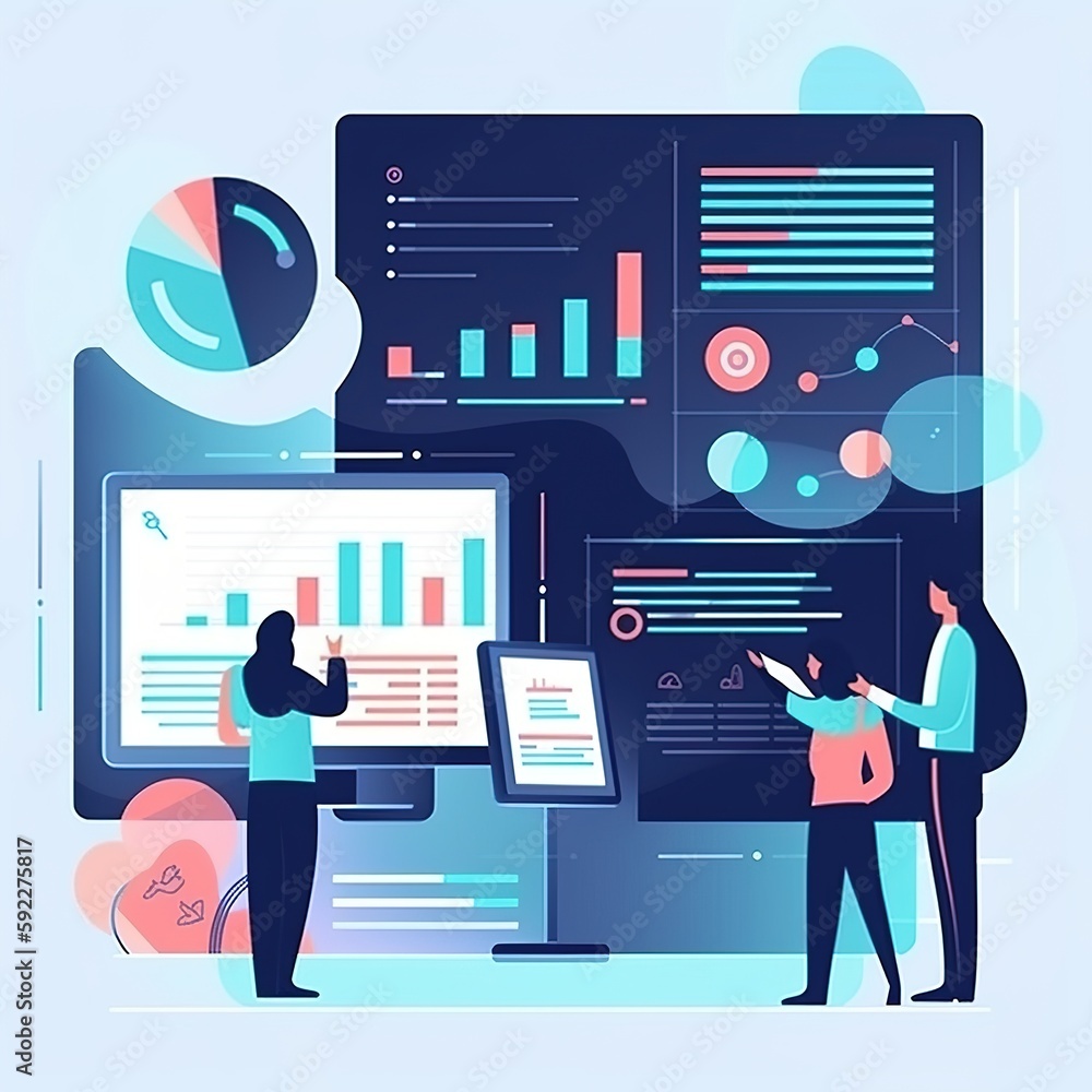 Poster concept for corporate data analysis and financial investment reporting, with a team of businesspeopl