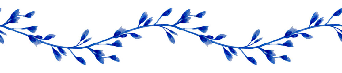 Seamless floral pattern with watercolor blue branches with leaves, hand drawn isolated on a white background