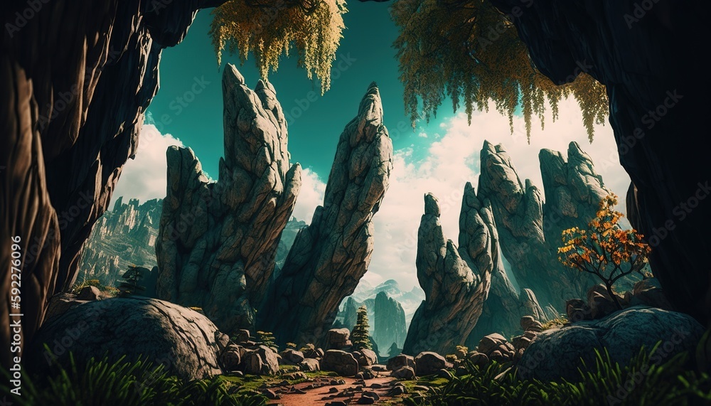 Poster low angle shot of beautiful scenery of a green forest under rocks and the sky in the background gene