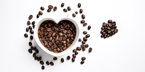 Obraz premium A white coffee cup with coffee beans arranged in a heart shape was created - generative ai.