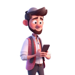 3D icon avatar cartoon hipster character, stylish smiling Jew man with beard with phone, people close up portrait on isolated on transparent png background. Generative ai