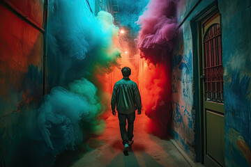 person walking through the small street in old town with colourful smoke. Generative AI image.